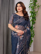 Midnight Blue Floral Printed Organza Saree with Elegant Floral Border & Multicolour Lace Edges | Designer Lightweight Organza Saree with Attached Blouse Piece | Festive & Party Wear Saree