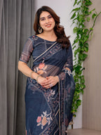 Midnight Blue Floral Printed Organza Saree with Elegant Floral Border & Multicolour Lace Edges | Designer Lightweight Organza Saree with Attached Blouse Piece | Festive & Party Wear Saree