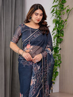Midnight Blue Floral Printed Organza Saree with Elegant Floral Border & Multicolour Lace Edges | Designer Lightweight Organza Saree with Attached Blouse Piece | Festive & Party Wear Saree
