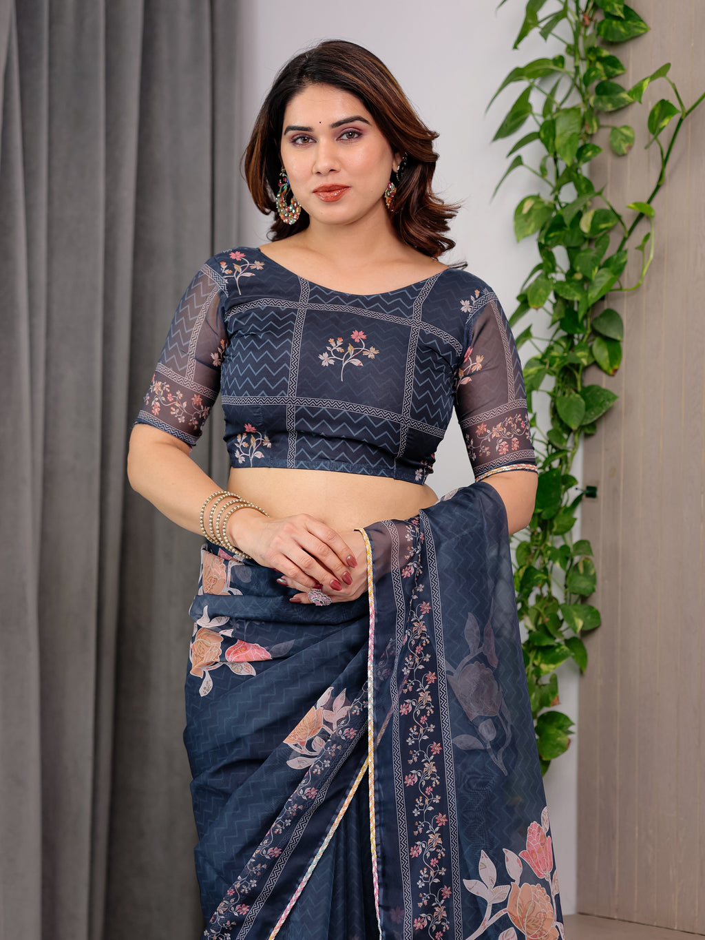 Midnight Blue Floral Printed Organza Saree with Elegant Floral Border & Multicolour Lace Edges | Designer Lightweight Organza Saree with Attached Blouse Piece | Festive & Party Wear Saree