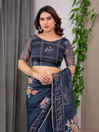 Midnight Blue Floral Printed Organza Saree with Elegant Floral Border & Multicolour Lace Edges | Designer Lightweight Organza Saree with Attached Blouse Piece | Festive & Party Wear Saree