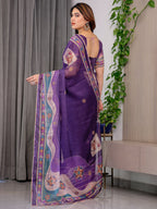 Royal Purple Printed Organza Saree with Multicolour Ethnic Border & Lace Edges | Designer Lightweight Organza Saree with Attached Blouse Piece | Festive & Party Wear Saree