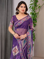 Royal Purple Printed Organza Saree with Multicolour Ethnic Border & Lace Edges | Designer Lightweight Organza Saree with Attached Blouse Piece | Festive & Party Wear Saree