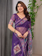 Royal Purple Printed Organza Saree with Multicolour Ethnic Border & Lace Edges | Designer Lightweight Organza Saree with Attached Blouse Piece | Festive & Party Wear Saree