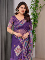 Royal Purple Printed Organza Saree with Multicolour Ethnic Border & Lace Edges | Designer Lightweight Organza Saree with Attached Blouse Piece | Festive & Party Wear Saree