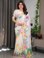 Ivory White Floral Garden Print Satin Georgette Saree with Multicolor Tropical Flowers & Designer Attached Blouse