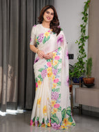 Ivory White Floral Garden Print Satin Georgette Saree with Multicolor Tropical Flowers & Designer Attached Blouse