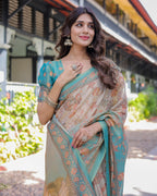 Teal Beige Handloom Cotton Saree with Swan Motif Pallu & Floral Digital Print