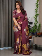 Maroon Floral Satin Georgette Saree with Mustard Leaf Print & Designer Attached Blouse – Soft Elegant Draping Saree