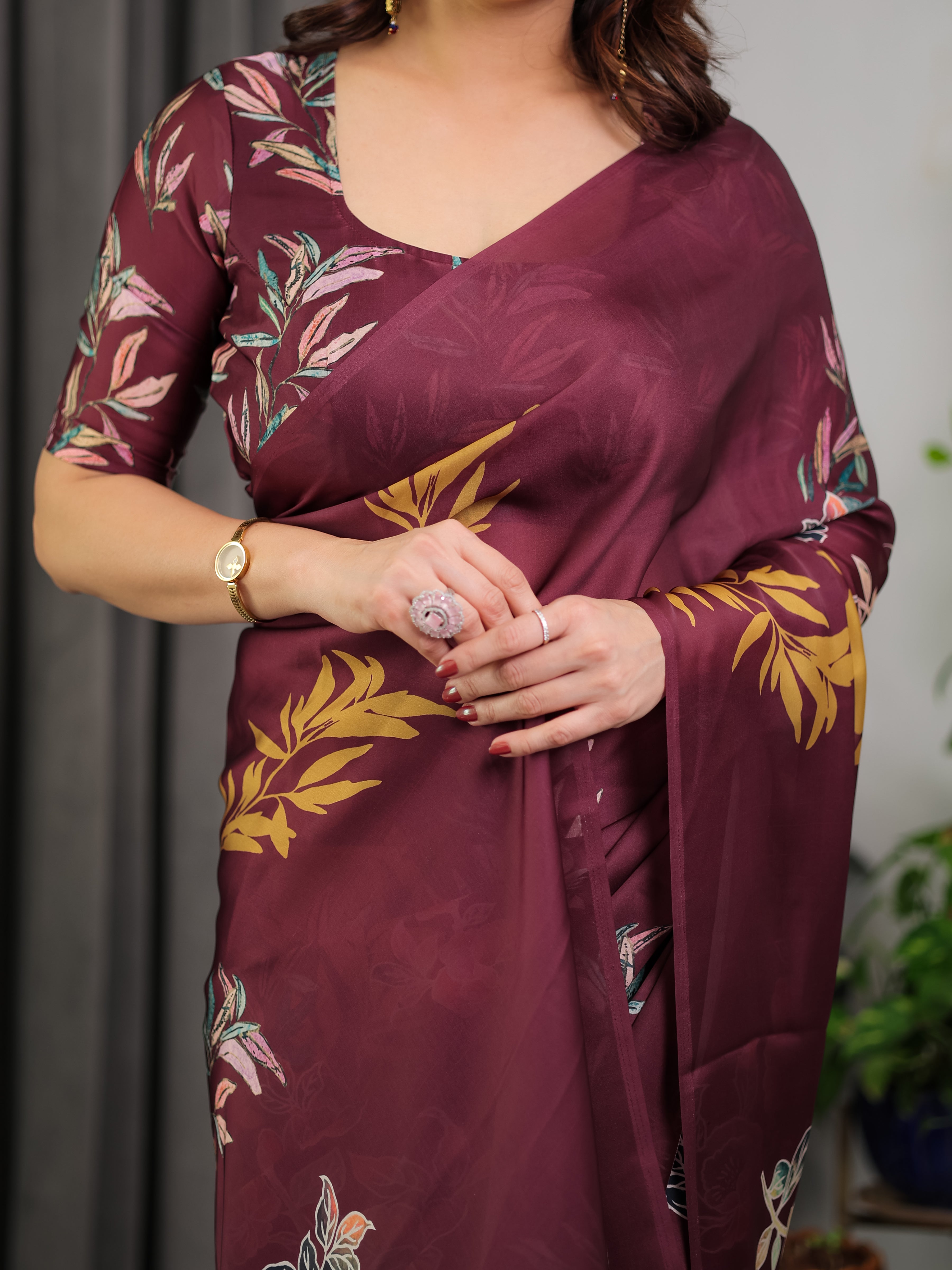 Maroon Floral Satin Georgette Saree with Mustard Leaf Print & Designer Attached Blouse – Soft Elegant Draping Saree