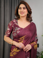 Maroon Floral Satin Georgette Saree with Mustard Leaf Print & Designer Attached Blouse – Soft Elegant Draping Saree