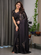 Black Satin Georgette Saree with Gold Leaf Outline Print & Designer Attached Blouse – Elegant Minimal Botanical Saree