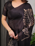 Black Satin Georgette Saree with Gold Leaf Outline Print & Designer Attached Blouse – Elegant Minimal Botanical Saree