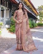 Divine Brown Handloom Cotton Saree with Radha Krishna & Cow Motif – Ethnic Village Charm