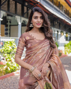 Divine Brown Handloom Cotton Saree with Radha Krishna & Cow Motif – Ethnic Village Charm
