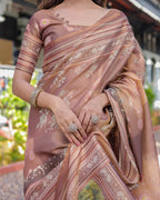 Divine Brown Handloom Cotton Saree with Radha Krishna & Cow Motif – Ethnic Village Charm