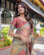 Rust Maroon Handloom Cotton Saree with Folk Procession Pallu & Floral Vine Print