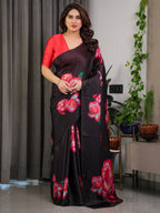 Black Satin Georgette Rose Printed Saree with Attached Blouse – Elegant Partywear Designer Saree with Red Floral Artwork