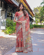 Rust Red Madhubani Fish Art Pure Handloom Cotton Saree with Contrast Blouse & Tassels