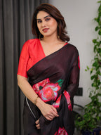 Black Satin Georgette Rose Printed Saree with Attached Blouse – Elegant Partywear Designer Saree with Red Floral Artwork