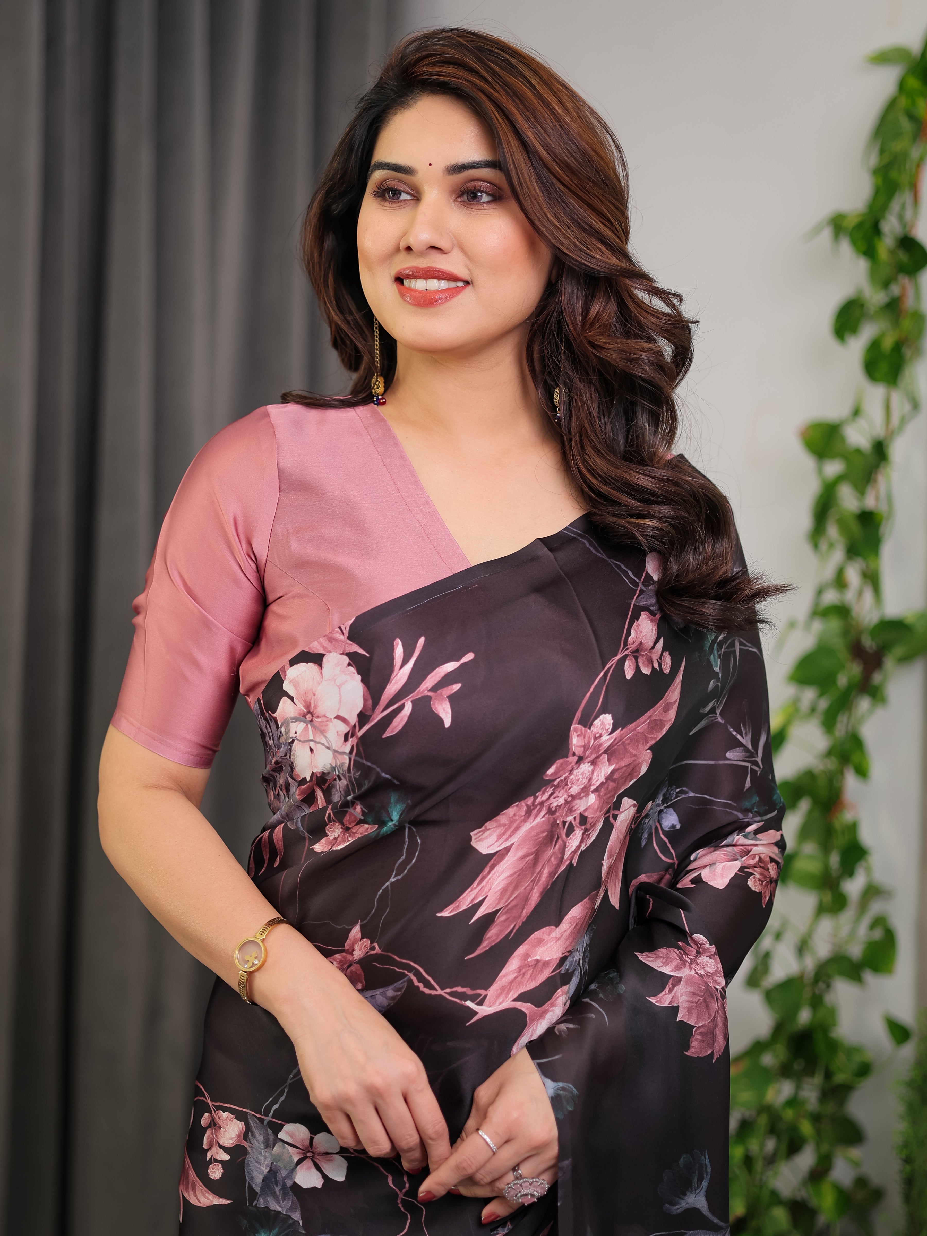 Black Satin Georgette Floral Printed Saree with Attached Blouse – Elegant Soft-Flow Designer Saree in Mauve Pink Florals