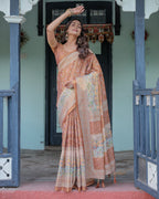 Burnt Peach Handloom Cotton Saree with Floral Buta Design & Village Scene Pallu
