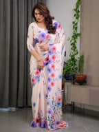 Cream Satin Georgette Multicolor Floral Printed Saree with Attached Blouse – Soft Pastel Designer Saree for Festive & Elegant Wear