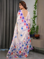 Cream Satin Georgette Multicolor Floral Printed Saree with Attached Blouse – Soft Pastel Designer Saree for Festive & Elegant Wear