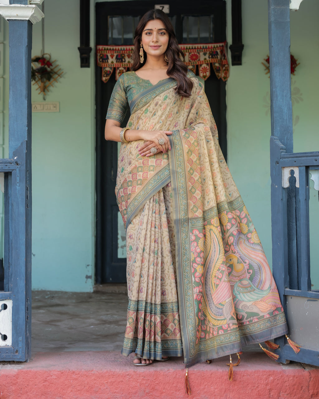 Beige Green Handloom Cotton Saree with Lotus Print & Colorful Peacock Pallu