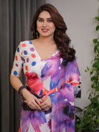 White Multicolor Watercolour Floral Print Satin Georgette Saree with Designer Attached Blouse – Premium Soft Flowing Fabric