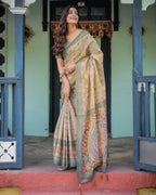Beige Green Handloom Cotton Saree with Lotus Print & Colorful Peacock Pallu