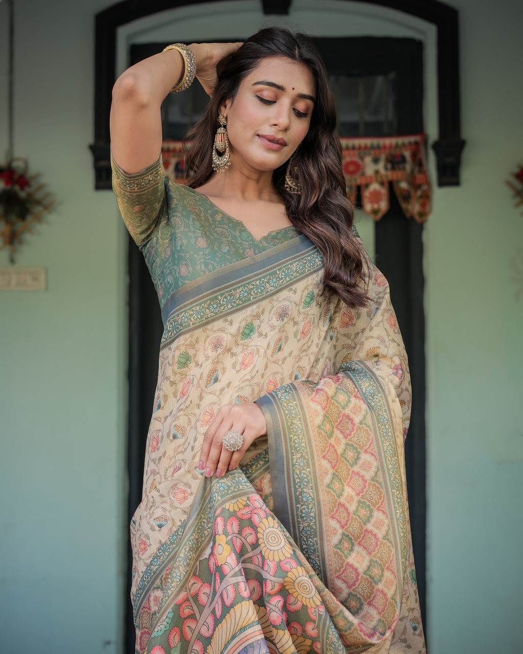 Beige Green Handloom Cotton Saree with Lotus Print & Colorful Peacock Pallu