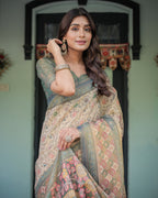 Beige Green Handloom Cotton Saree with Lotus Print & Colorful Peacock Pallu