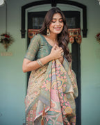 Beige Green Handloom Cotton Saree with Lotus Print & Colorful Peacock Pallu