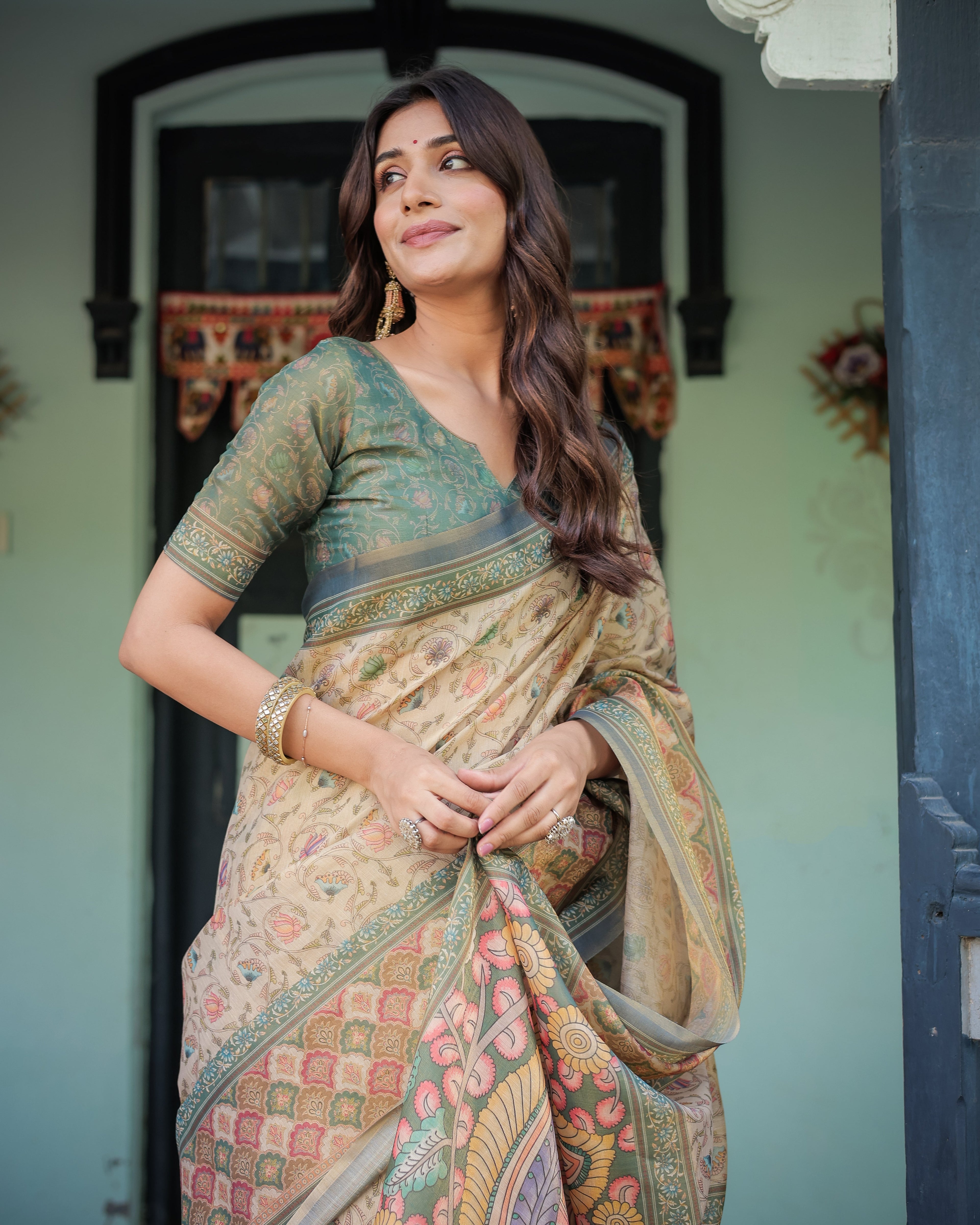 Beige Green Handloom Cotton Saree with Lotus Print & Colorful Peacock Pallu