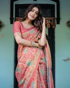 Terracotta Red Handloom Cotton Saree with Floral Vine Print & Dual-Toned Royal Motif Pallu