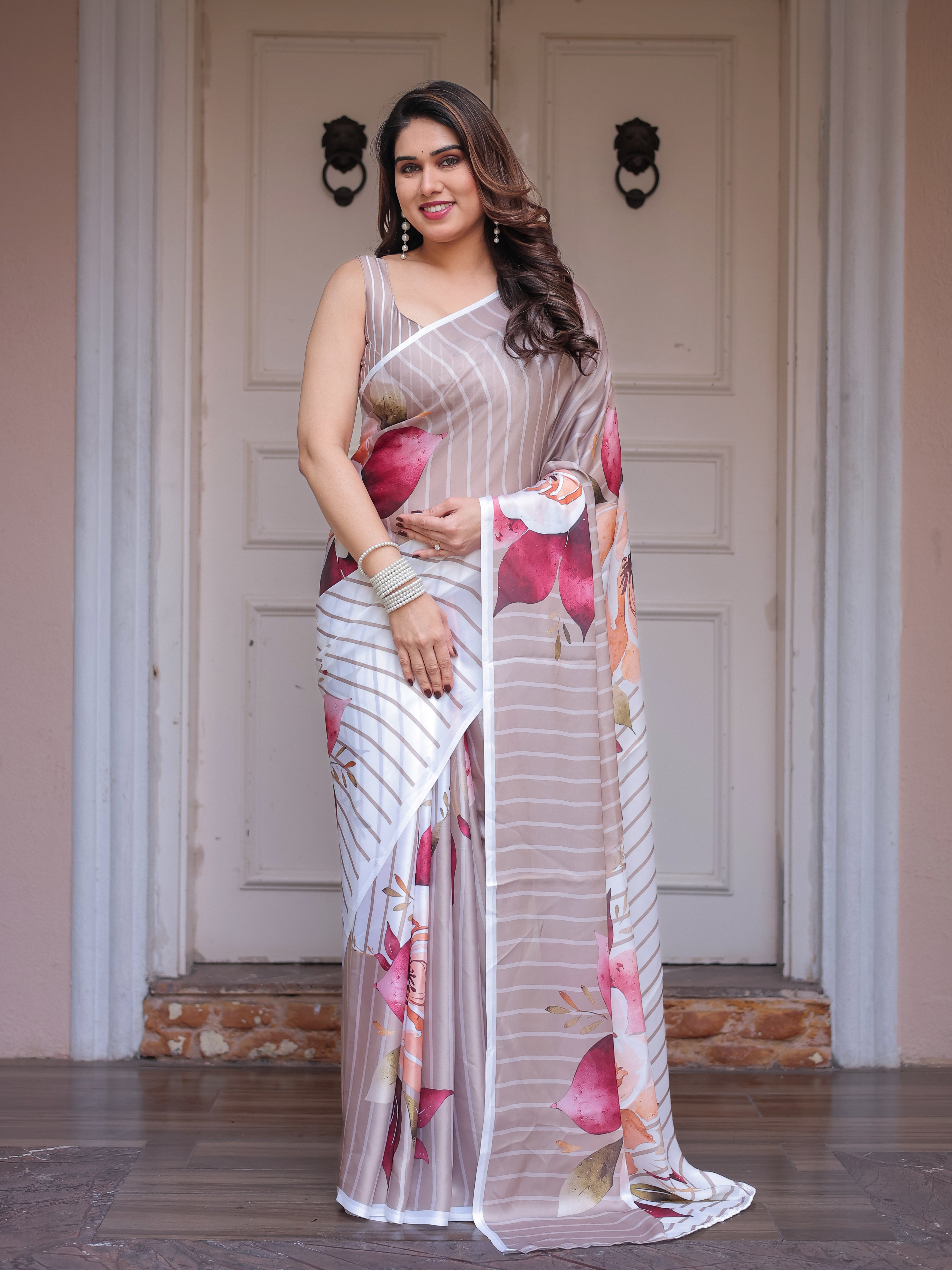 Ivory Beige Artistic Floral Printed Satin Georgette Saree with Matching Blouse – Elegant Festive & Party Wear