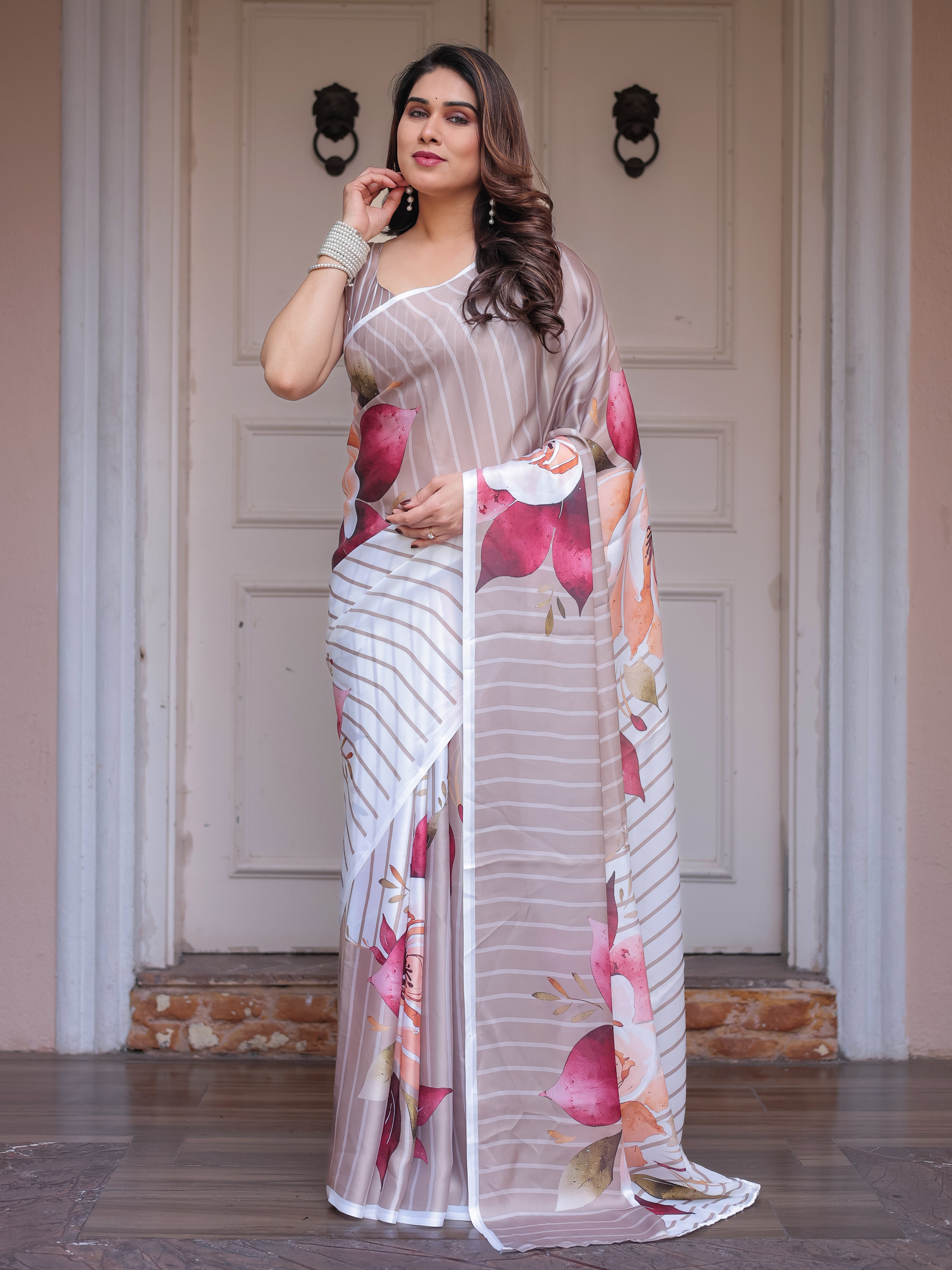 Ivory Beige Artistic Floral Printed Satin Georgette Saree with Matching Blouse – Elegant Festive & Party Wear