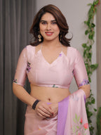Blush Pink & Lavender Satin Georgette Floral Printed Saree with Attached Blouse – Soft Ombre Designer Saree for Festive & Elegant Wear