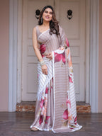 Ivory Beige Artistic Floral Printed Satin Georgette Saree with Matching Blouse – Elegant Festive & Party Wear