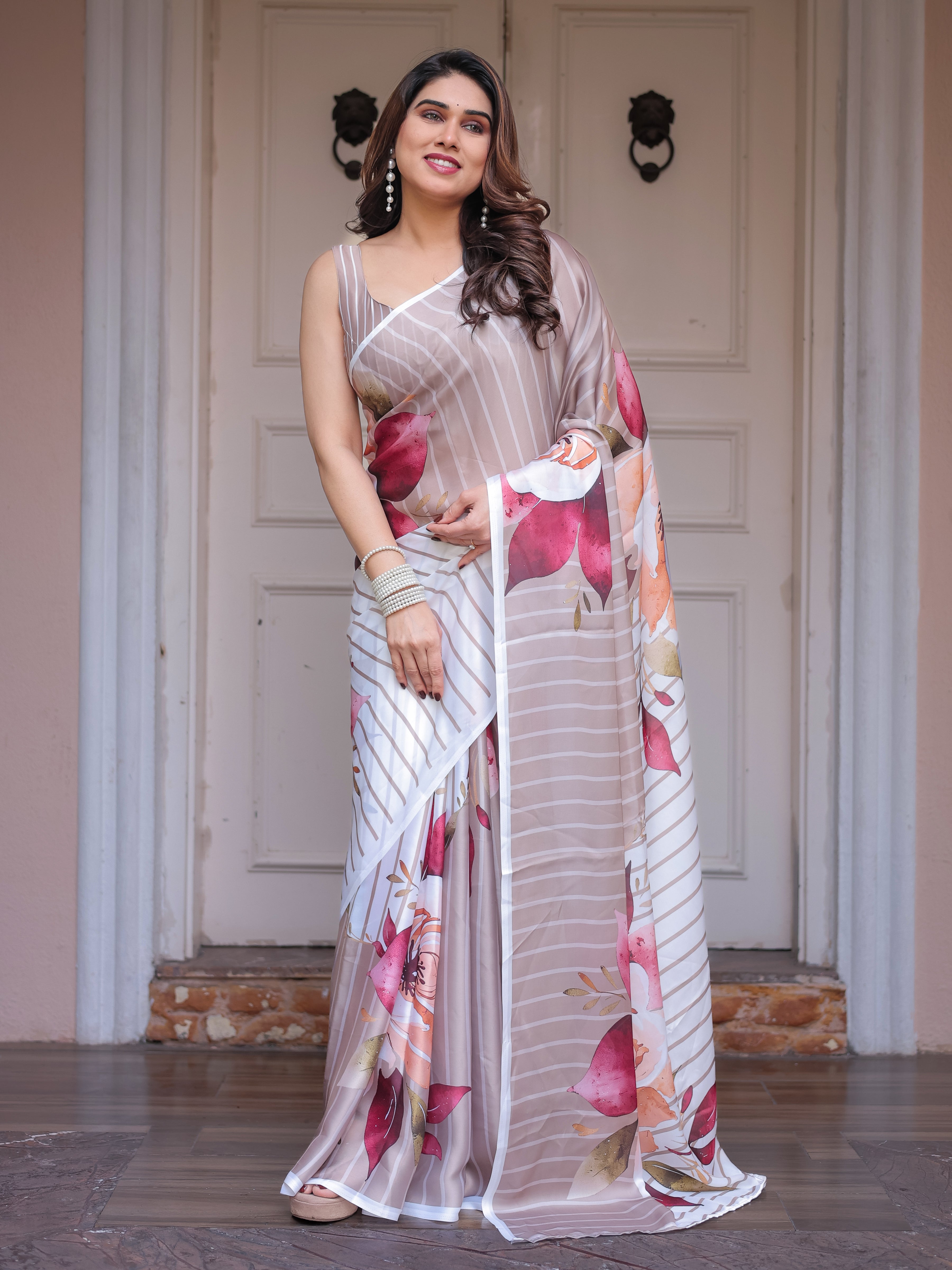 Ivory Beige Artistic Floral Printed Satin Georgette Saree with Matching Blouse – Elegant Festive & Party Wear
