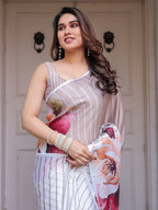 Ivory Beige Artistic Floral Printed Satin Georgette Saree with Matching Blouse – Elegant Festive & Party Wear