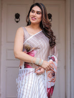Ivory Beige Artistic Floral Printed Satin Georgette Saree with Matching Blouse – Elegant Festive & Party Wear