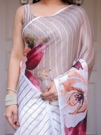 Ivory Beige Artistic Floral Printed Satin Georgette Saree with Matching Blouse – Elegant Festive & Party Wear