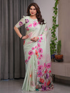 Mint Green Satin Georgette Floral Printed Saree with Attached Blouse – Soft Pastel Designer Saree with Watercolor Bloom Detailing