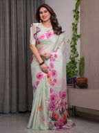Mint Green Satin Georgette Floral Printed Saree with Attached Blouse – Soft Pastel Designer Saree with Watercolor Bloom Detailing