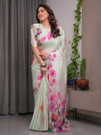Mint Green Satin Georgette Floral Printed Saree with Attached Blouse – Soft Pastel Designer Saree with Watercolor Bloom Detailing