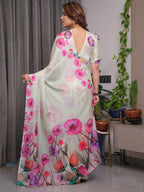 Mint Green Satin Georgette Floral Printed Saree with Attached Blouse – Soft Pastel Designer Saree with Watercolor Bloom Detailing