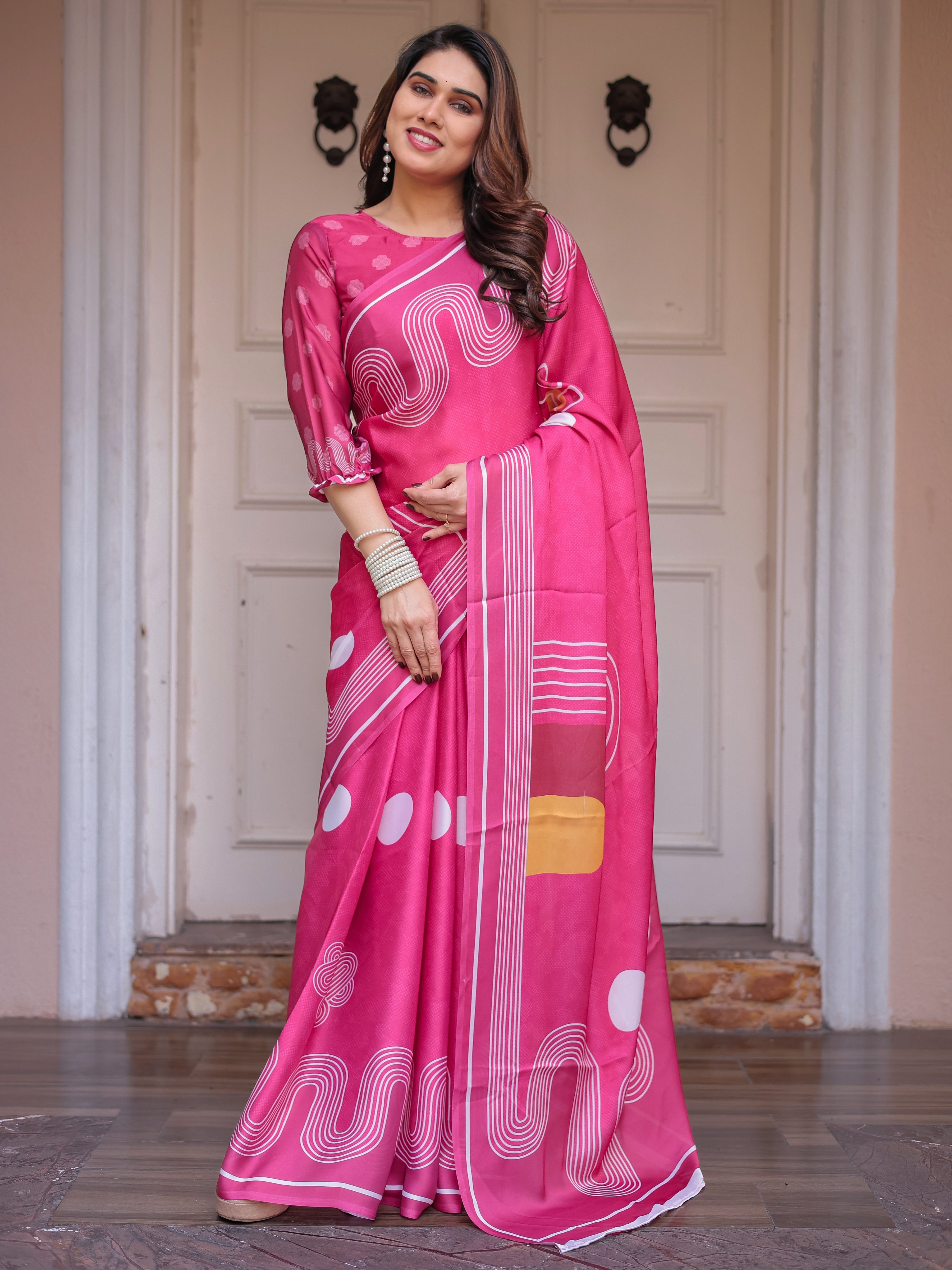 Wine & Ivory Artistic Horse Print Soft Satin Georgette Saree with Matching Blouse – Statement Contemporary Draping