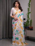 White Satin Georgette Lotus Floral Printed Saree with Attached Blouse – Elegant Watercolor Designer Saree for Festive & Graceful Occasions